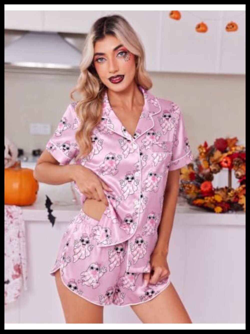 Satin Pajama Set Short Sleeve Button Down Loungewear Sleepwear - Picture 3 of 5